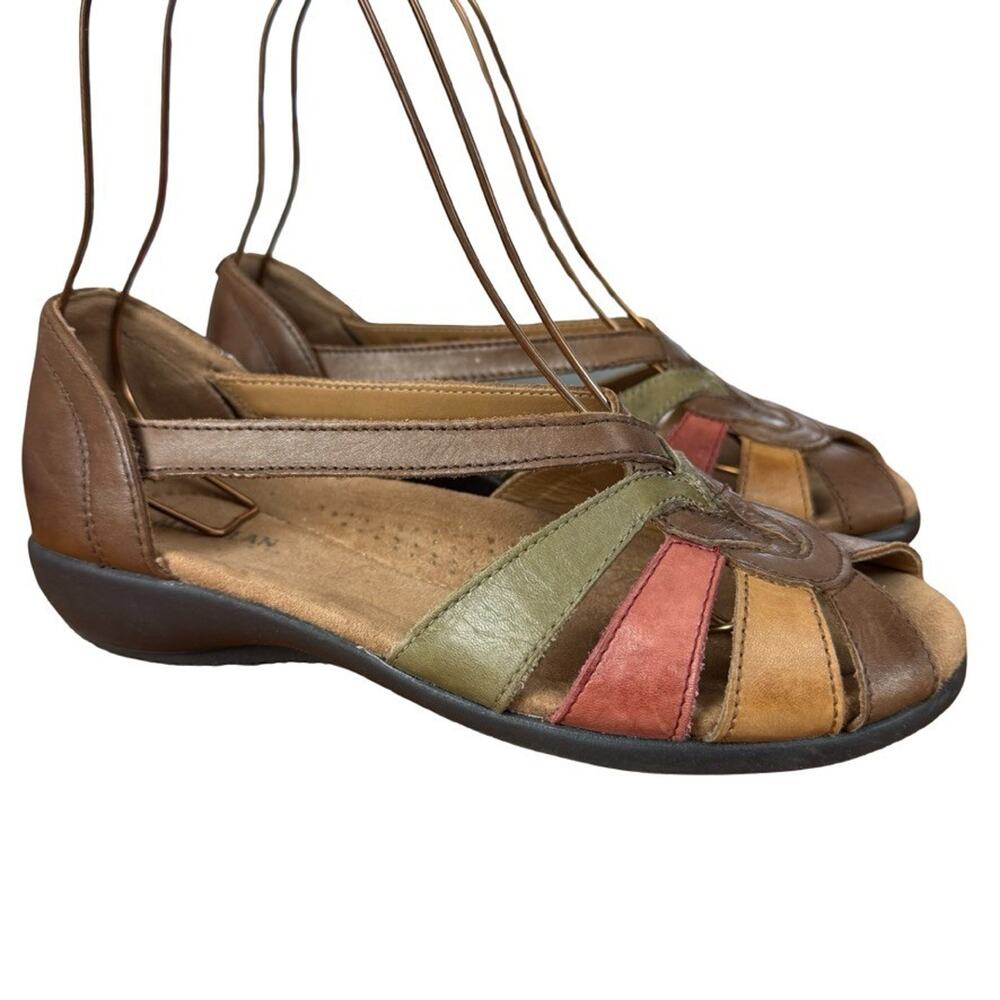Magellan Outdoors Leather Peep Toe Sandals Comfort Shoes Slip On Strappy sz 9 M